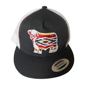 (A) Lazy J Black and White Snapback Hat with Colorful Bull Patch NWT Western